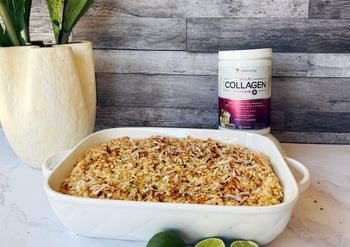 Rice Krispie Treat in a baking dish, with Multi Collagen Burn Piña Colada featured in the background 