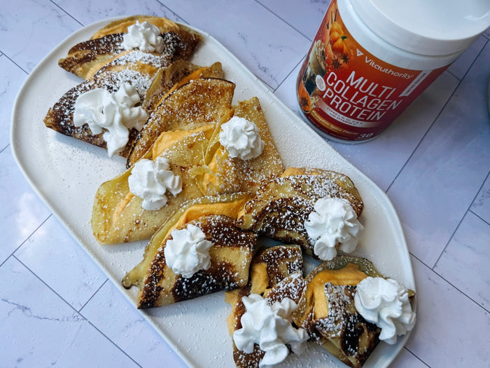 Pumpkin Cream Crêpes made with Vitauthority’s Pumpkin Spice Multi Collagen Protein. A delicate, fall-inspired crêpe recipe with warm spices and creamy pumpkin filling.