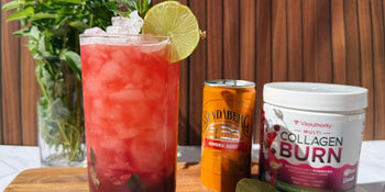 Sour cherry melon mint mocktail garnished with lime wheel, featuring Vita Collagen Burn in a tub.