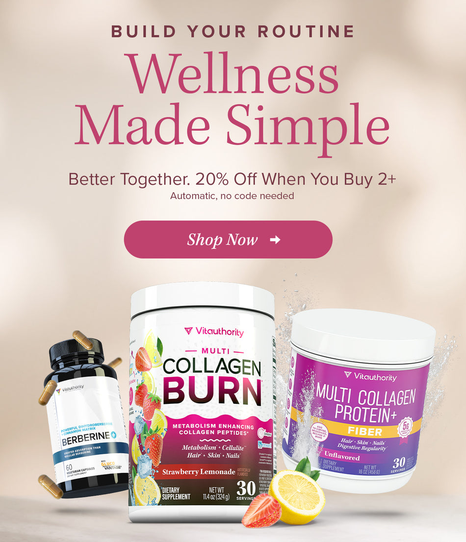 Promotional banner for Vitaauthority wellness supplements with three product containers: a black bottle of Serberine, a white tub of Multicolor Collagen Burn, and a white tub of Multi Collagen Protein+ Fiber. Large text reads 'Build Your Routine Wellness Made Simple' with a 'Shop Now' button.
