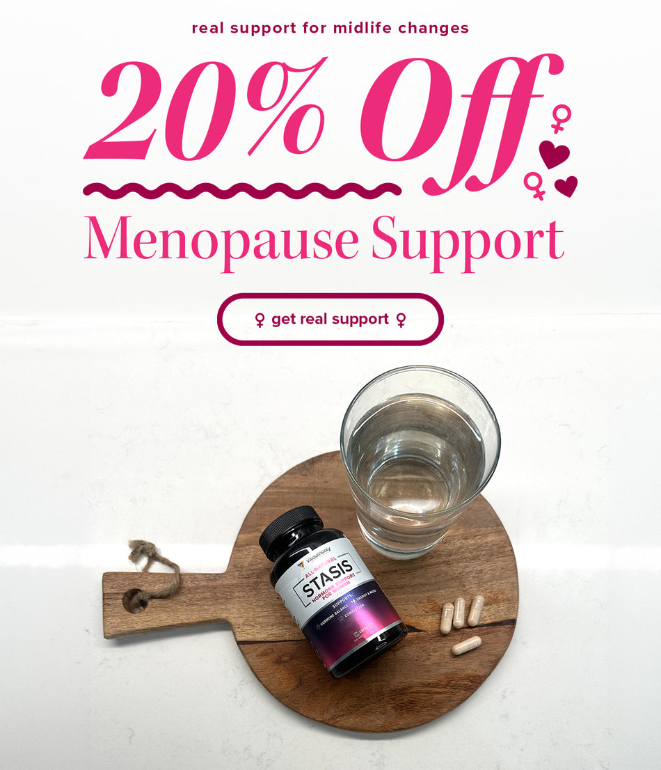 Menopause support promotional banner with 20% off on beige background with Vitauthority Stasis Hormone Support product next to a glass of water