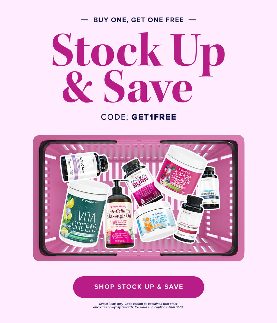 Vitauthority Stock Up & Save promotion featuring a pink shopping basket filled with supplements. Buy one, get one free on select products with code GET1FREE. Offer ends 10/13.
