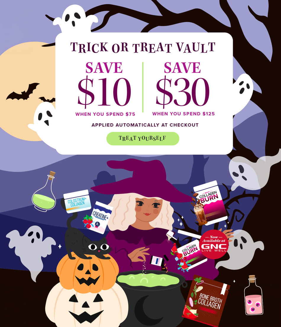 Halloween-themed Vitauthority promotional banner featuring a witch stirring a bubbling green cauldron, a black cat, pumpkins, ghosts, bats, and collagen products against a purple moonlit background. Text reads: “Trick or Treat Vault! Save $10 when you spend $75 or save $30 when you spend $125, plus free US shipping.” Green “Treat Yourself” button below.