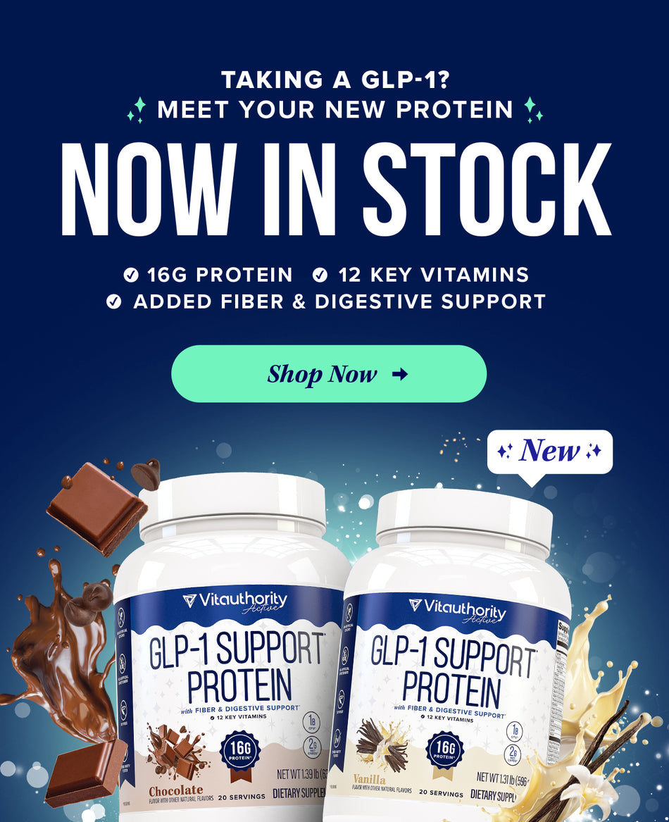 Promotional graphic for Vicouthority GLP-1 Support Protein, showing two white supplement bottles on a dark blue background with text reading 'NOW IN STOCK' and a green 'Shop Now' button.