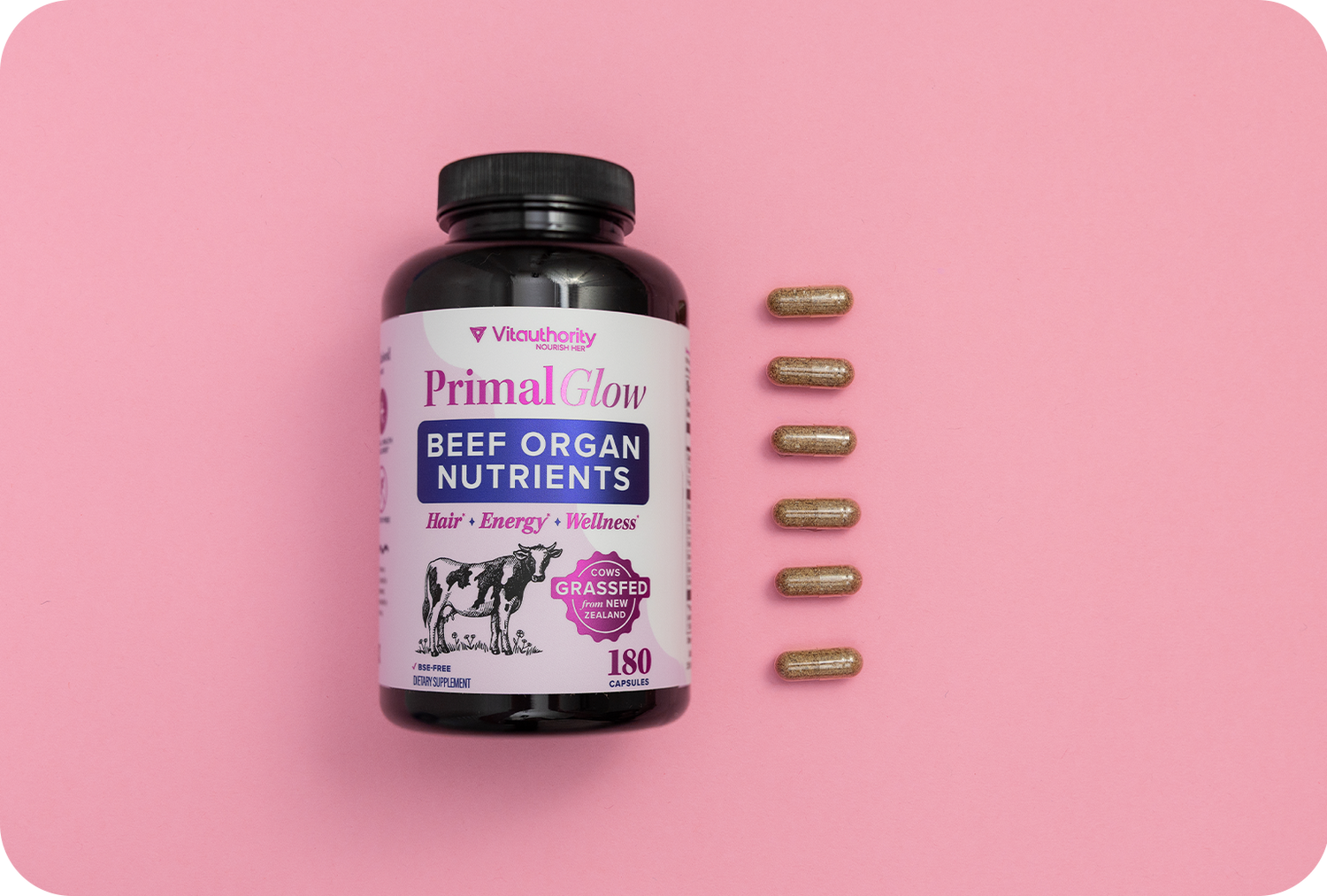 Bottle of Primal Glow Beef Organ Nutrients on a pink background