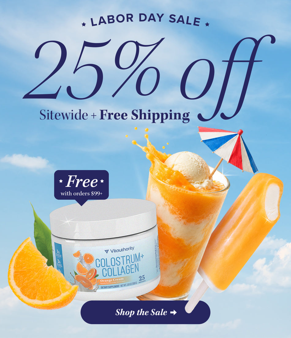Labor Day sale promotional graphic showing a jar of Visahody Colostrum+ Collagen alongside an orange drink with ice cream and a popsicle, with large text reading '25% off' and 'Labor Day Sale'.
