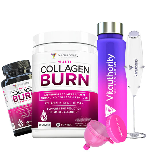 Multi Collagen Burn starter kit with water bottle, frother, and funnel